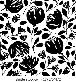 Seamless floral vector pattern with peonies, roses, anemones. Hand drawn black paint illustration with abstract floral motif. Graphic hand drawn brush stroke botanical pattern. Leaves and blooms.