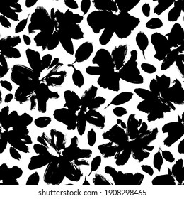 Seamless floral vector pattern with peonies, roses, anemones. Hand drawn black paint illustration with abstract floral motif. Graphic hand drawn brush stroke botanical pattern. Leaves and blooms.