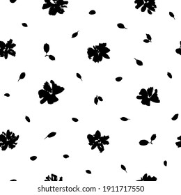 Seamless floral vector pattern with peonies, roses, anemones. Hand drawn black paint illustration with abstract floral motif. Graphic hand drawn brush stroke botanical pattern. Leaves and blooms.