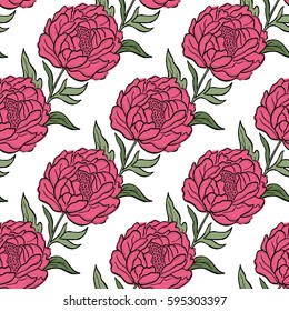 Seamless floral vector pattern peony. Flowers and leaves, can be used as greeting card, invitation card for wedding, birthday and other holiday and summer background. Vector illustration.