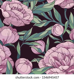 seamless floral vector pattern with pink peonies. flowers and buds with green leaves on a dark background. Hand drawing for decor fabric, textile, wallpaper, wrapping paper