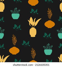 Seamless floral vector pattern. Plants in boho pots in earth flowers. For printing posters, covers, postcards, prints on clothes, banners, maps, minimal botanical textile decor in a rustic style.