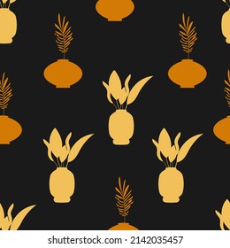 Seamless floral vector pattern. Plants in boho pots in earth flowers. For printing posters, covers, postcards, prints on clothes, banners, maps, minimal botanical textile decor in a rustic style.