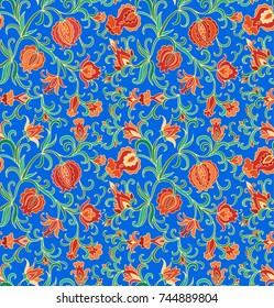 Seamless floral vector pattern with pomegranate fruit and flowers on blue background