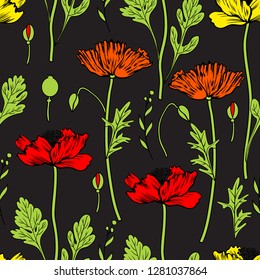 Seamless floral vector pattern, Poppy flower isolated on black background, hand drawn texture, colorful decorative backdrop for design greeting card, package cosmetic, wedding invitation, wallpaper