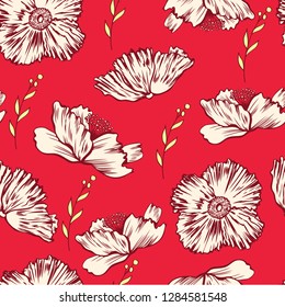 Seamless floral vector pattern, Poppy flower isolated on red background, hand drawn texture, colorful decorative backdrop for design greeting card, package cosmetic, wedding invitation, wallpaper
