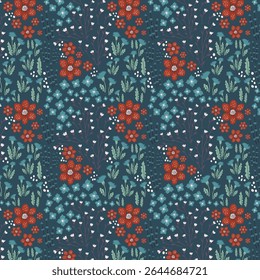 Padrão de vetor floral sem costura com flores vermelhas e azuis no fundo escuro de azul-petróleo, folhagem botânica caprichada desenhada à mão e plantas de prado