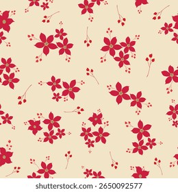 Seamless floral vector pattern with red blossoms and branches on cream beige background for summer fabric, fashion prints, wrapping and surface decoration.
