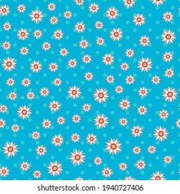 Seamless floral vector pattern. Repeat polka dot background with flower elements. Trendy blue summer fashion print design. Modern illustration.