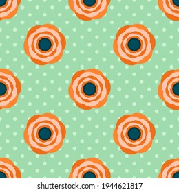 Seamless floral vector pattern. Repeat spring flower background with cute nature elements. Trendy green polka dot botanical fashion print design. Modern illustration.