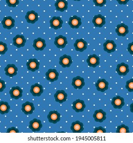 Seamless floral vector pattern. Repeat flower background with cute petal elements. Trendy blue polka dot summer fashion print design. Modern illustration.