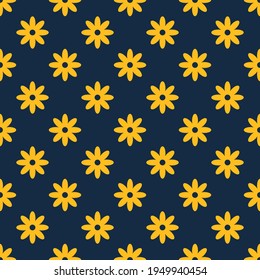 Seamless floral vector pattern. Repeat spring flower background with cute nature elements. Trendy navy blue summer fashion print design. Modern illustration.