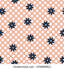 Seamless floral vector pattern. Repeat spring flower background with cute nature elements. Trendy pink polka summer fashion print design. Modern illustration.