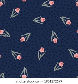 Seamless floral vector pattern. Repeat spring tulip flower background with plant and nature elements. Trendy navy blue summer fashion print design. Modern illustration.