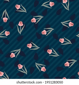 Seamless floral vector pattern. Repeat spring tulip flower background with plant and nature elements. Trendy summer fashion print design. Modern illustration.