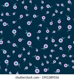 Seamless floral vector pattern. Repeat spring flower background with plant and nature elements. Trendy navy blue summer fashion print design. Modern illustration.