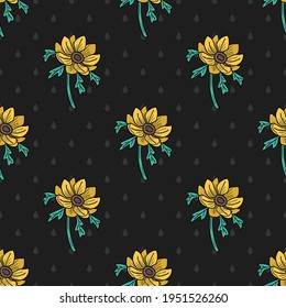 Seamless floral vector pattern. Repeat nature background with cute flower elements. Trendy black summer fashion print design. Modern spring illustration.