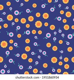 Seamless floral vector pattern. Repeat nature background with cute flower elements. Trendy navy blue summer fashion print design. Modern spring illustration.
