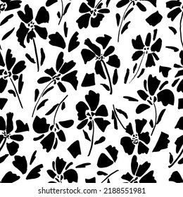 Seamless floral vector pattern with silhouette aster.  Black paint illustration with abstract floral motif. Graphic hand drawn brush stroke botanical pattern.