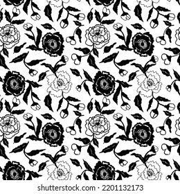 Seamless floral vector pattern with silhouette rose аnd bud. Black paint illustration with abstract floral motif. Graphic hand drawn brush stroke botanical pattern.