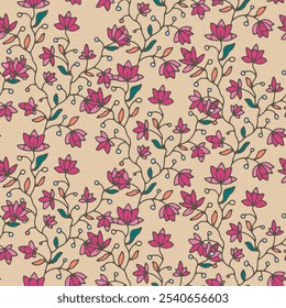 Seamless floral vector pattern of small pink flowers on a cream background in a minimalist style. Ideal for fabric and stationery.