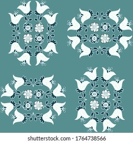 Seamless floral vector pattern of snowdrops in a neat arrangement in teal, navy and white. Pretty and ornate in a formal classic style. Good for scrapbooking, wallpaper and fabric prints.