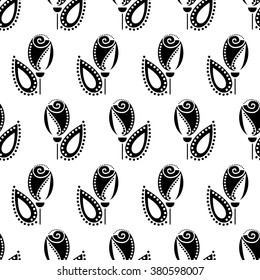 Seamless floral vector pattern. Symmetrcal black and white ornamental background with roses. Decorative repeating ornament, Series of Floral and Decorative Seamless Pattern.