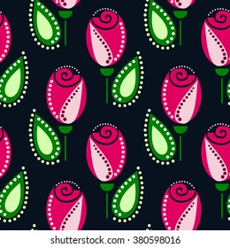 Seamless floral vector pattern. Symmetrcal ornamental background with pink roses, leaves on the blue backdrop. Decorative repeating ornament, Series of Floral and Decorative Seamless Pattern.