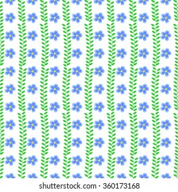 Seamless floral vector pattern. Symmetrical background with blue flowers and leaves on the white backdrop