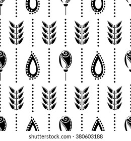 Seamless floral vector pattern. Symmetrical black and white ornamental background with flowers and leaves. Decorative repeating ornament, Series of Floral and Decorative Seamless Pattern.