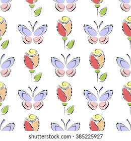 Seamless floral vector pattern. Symmetrical colorful ornamental background with butterflies and roses. Decorative repeating ornament, Series of Floral and Decorative Seamless Pattern.