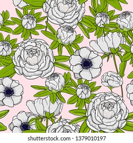 Seamless floral vector pattern template with lot of flowers: white peonies and anemones on light pink background.