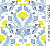 Seamless floral vector pattern with thistles, buds and flowers. Illustration of a floral composition in William Morris style for greeting cards