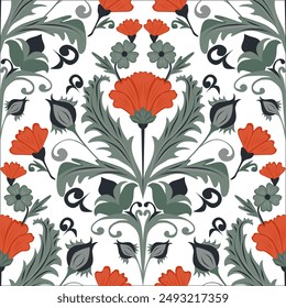 Seamless floral vector pattern with thistles, buds and flowers. Symmetrical pattern in the style of William Morris for greeting cards.