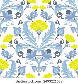 Nahtlose florale Vektorgrafik mit Disteln, Knospen und Blüten. Illustration einer Blumenkomposition im William Morris Stil für Grußkarten