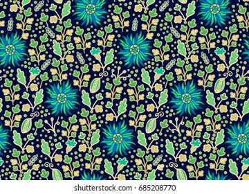 Seamless floral vector pattern with turquoise chrysanthemum flowers on dark background