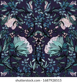 Seamless floral vector pattern with twigs and soft purple flowers of plants on a dark blue, indigo background. Symmetric ornament in the style of medieval tapestries and works of William Morris.