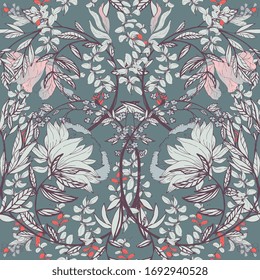 Seamless Floral Vector Pattern With Twigs And Flowers Of Plants On A Grey Color Background. Symmetric Ornament In The Style Of Medieval Tapestries And Works Of William Morris.Elegant Design