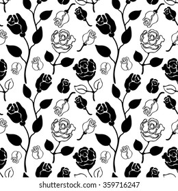 Seamless floral vector pattern with vintage hand drawn linear roses. Retro Art Nouveau textile collection. Black on white. Backgrounds & textures shop.
