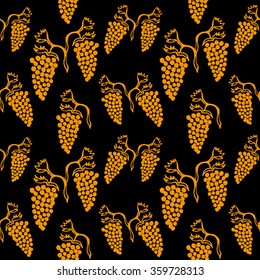 Seamless floral vector pattern with vintage hand drawn grape. Retro Art Nouveau textile collection. Golden on black. Backgrounds & textures shop.