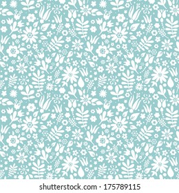 Seamless floral vector pattern, white flowers on blue-grey background