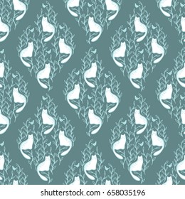 Seamless floral vector pattern with white cats