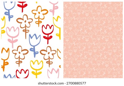 Padrões de vetor florais sem costura - desenhados à mão, estilo infantil e desenhos monocromáticos em tons brincalhões e suaves. Estilo infantil Impressão infinita com flores coloridas isoladas em um fundo branco. RGB