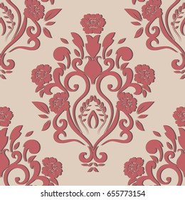 Seamless floral vector pink background, damask baroque seamless pattern, floral leaf  curly ornament for wallpaper of wrapping paper design decor