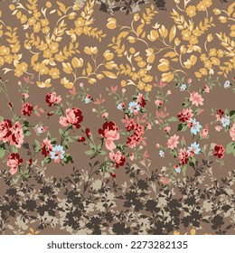 seamless floral vector pink small flowers leaves border pattern on brown background