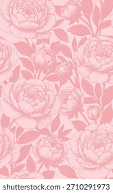 Vetor floral sem costura em tons rosa - Peonies Botanic, Flores Flora tecido têxtil padrão de topo