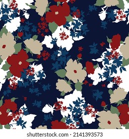 seamless floral vector red cream and blue flowers with green leaves pattern on navy background