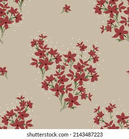 seamless floral vector red small flowers with green leaves bunches pattern on cream background