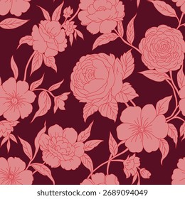 Patrón de hojas de flores de Vector rojo de stock floral sin costuras sobre fondo marrón