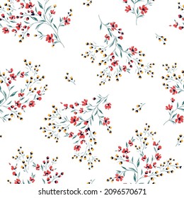 seamless floral vector red and yellow small flowers with leaves bunches pattern of white